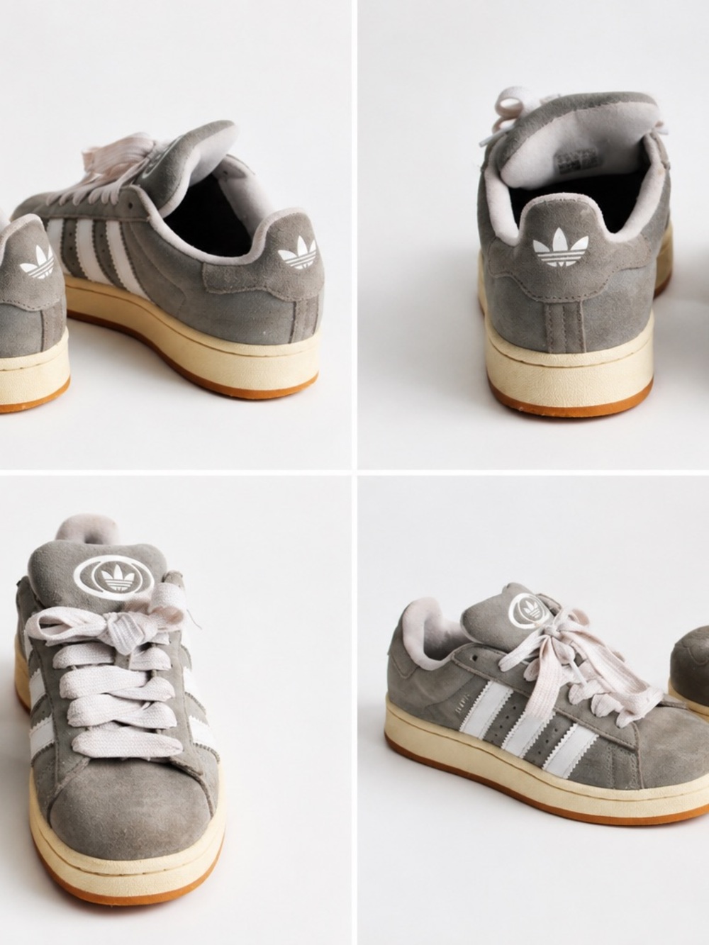 adidas Women’s Grey Suede Sneakers with White Stripes and Gum Sole